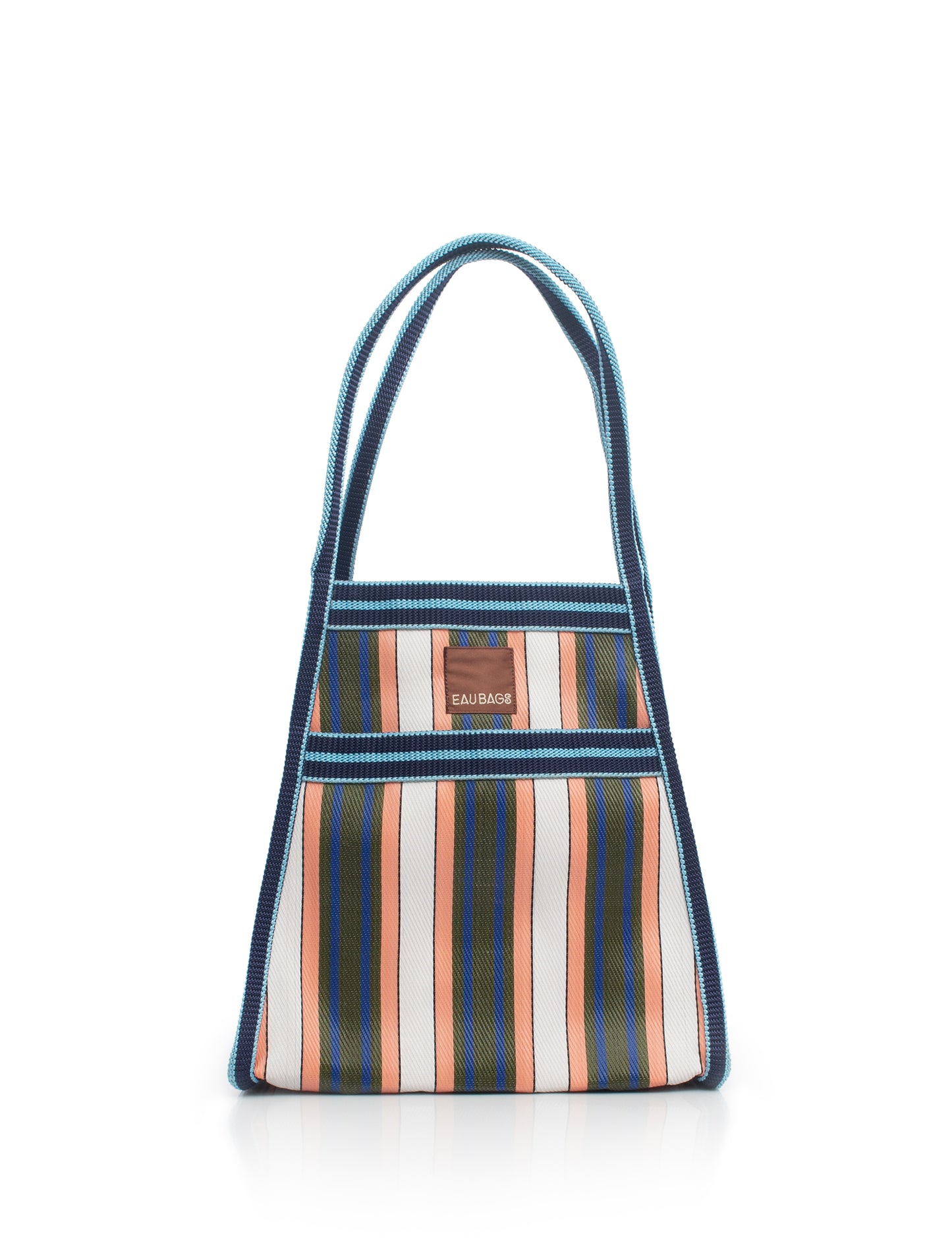 Striped handbag with a visible brand label on a white background