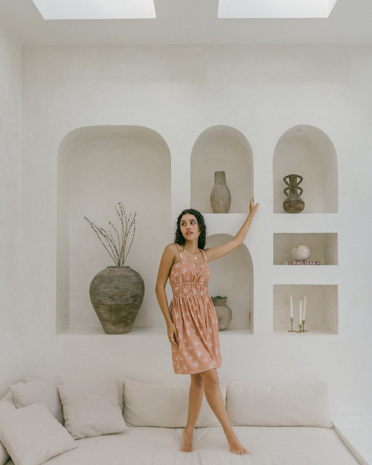 Slow fashion brand - Malia the label - rust palm printed dress with ruching details and scrunch straps