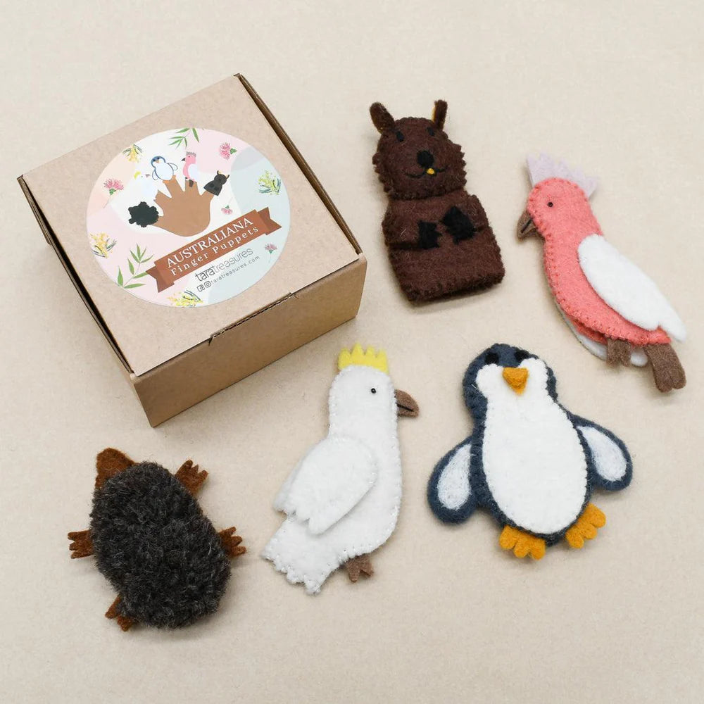 Set of animal-shaped finger puppets with a cardboard box labeled 'Australiana Finger Puppets' on a beige background.
