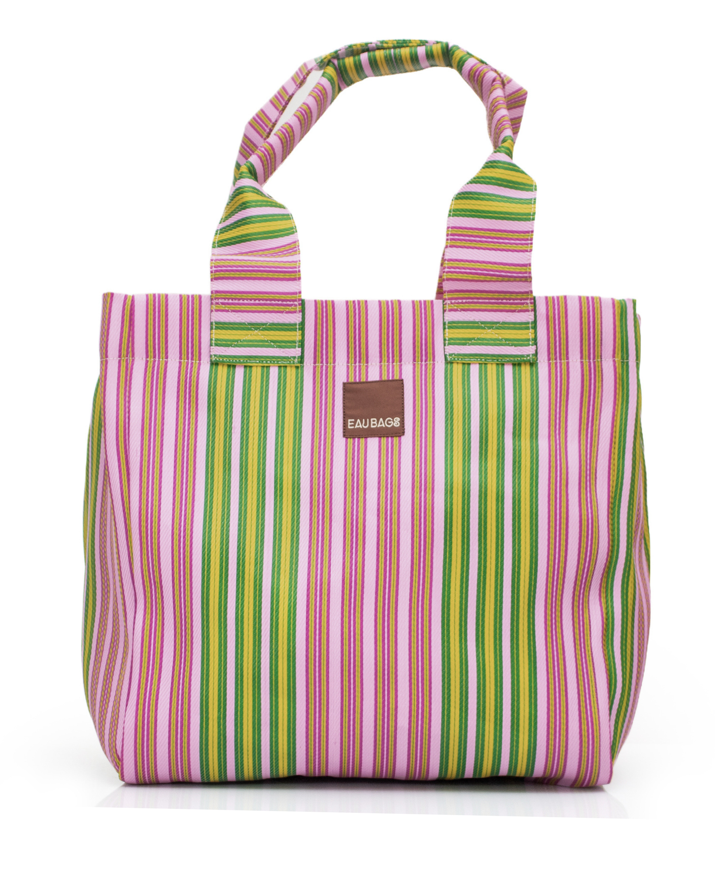 Striped tote bag with pink, green, and purple colors on a white background
