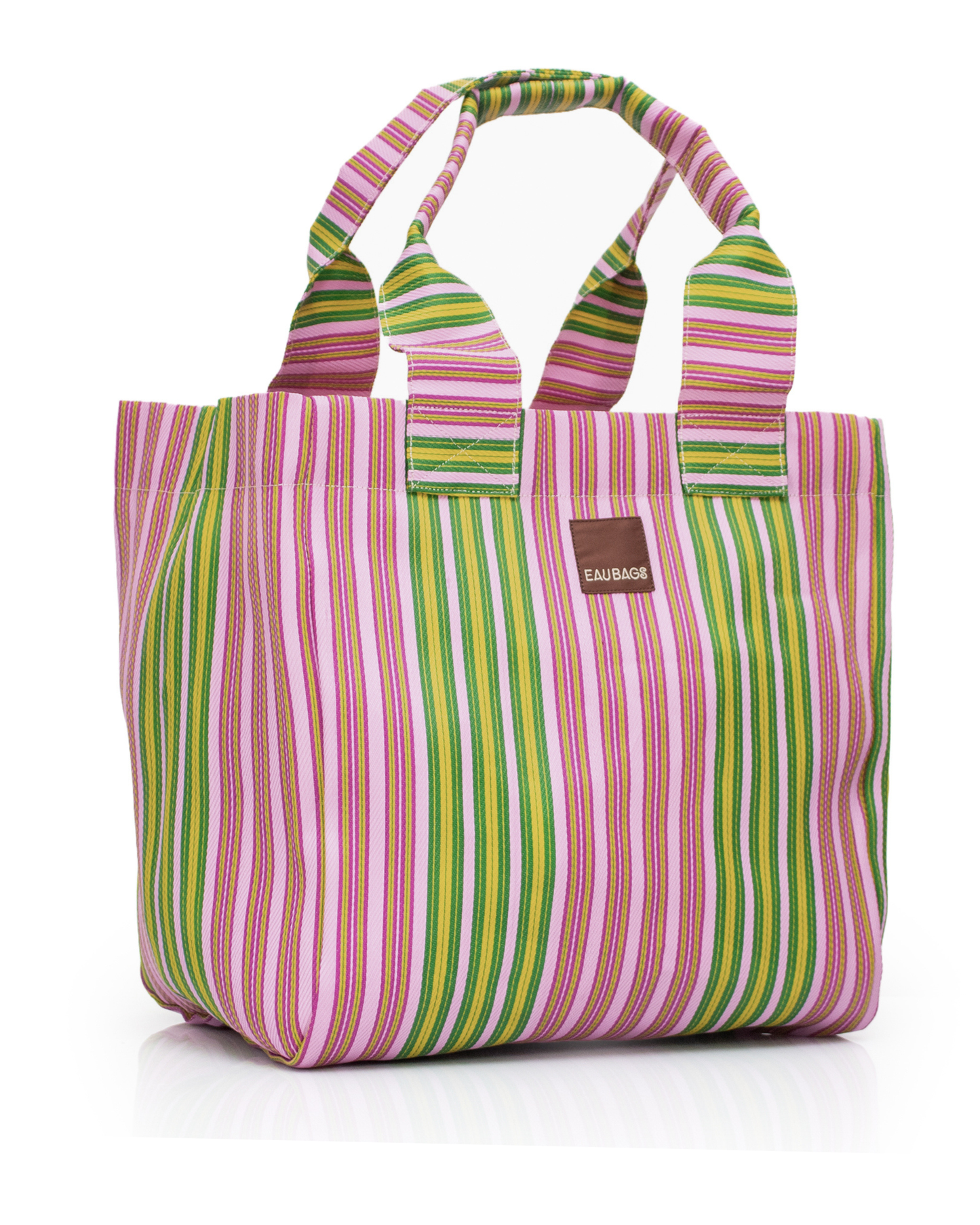 Striped tote bag with pink and green pattern on a white background