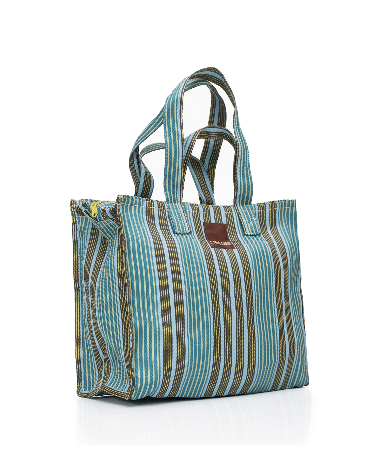 Striped tote bag with a visible brand logo on a white background