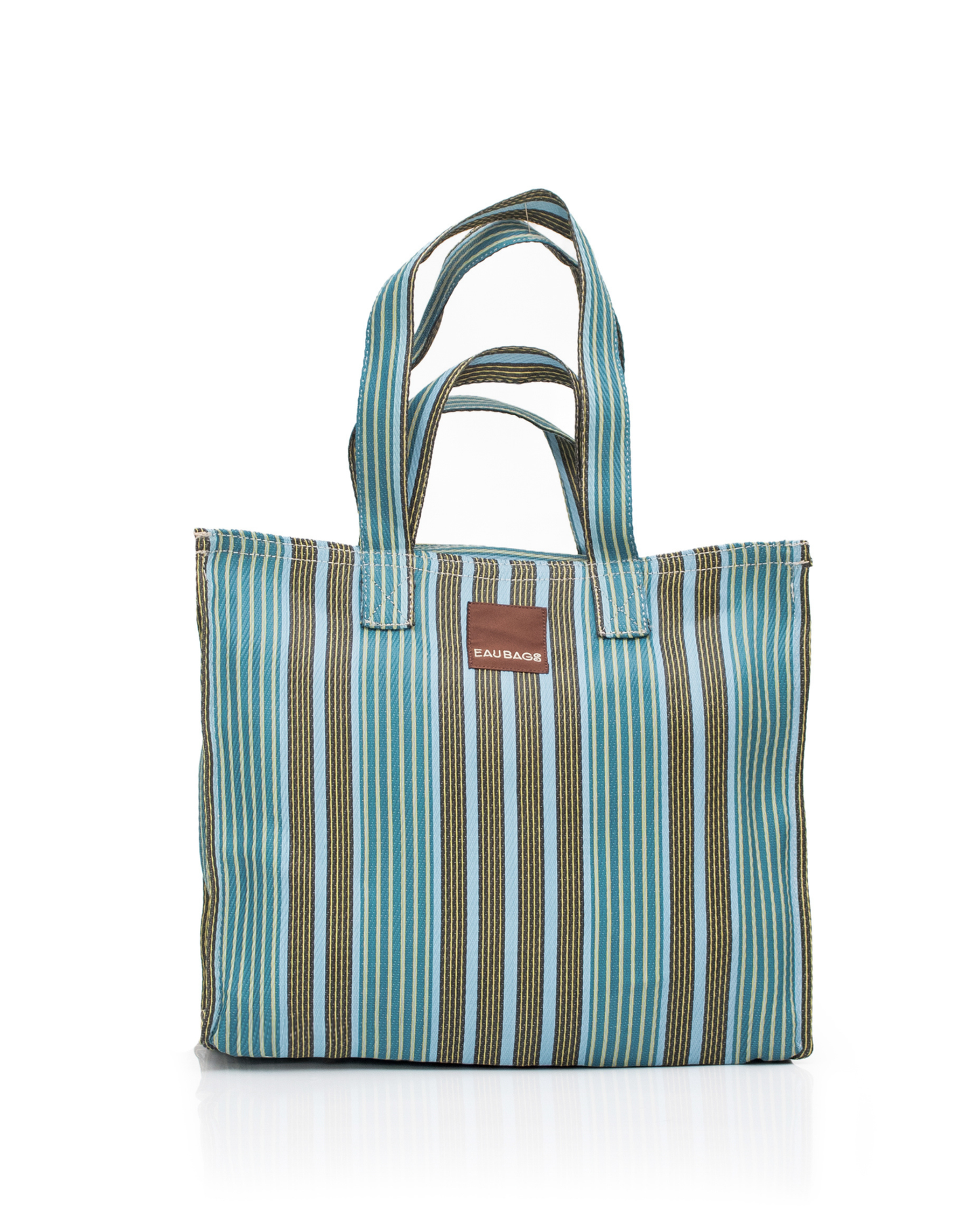 Striped tote bag with a visible brand label on a white background