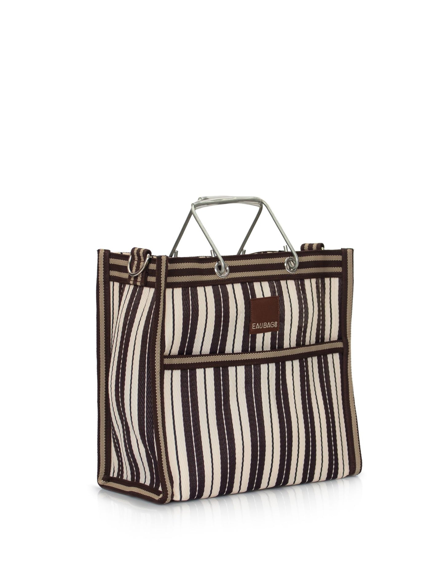 Striped tote bag with a handle on a white background