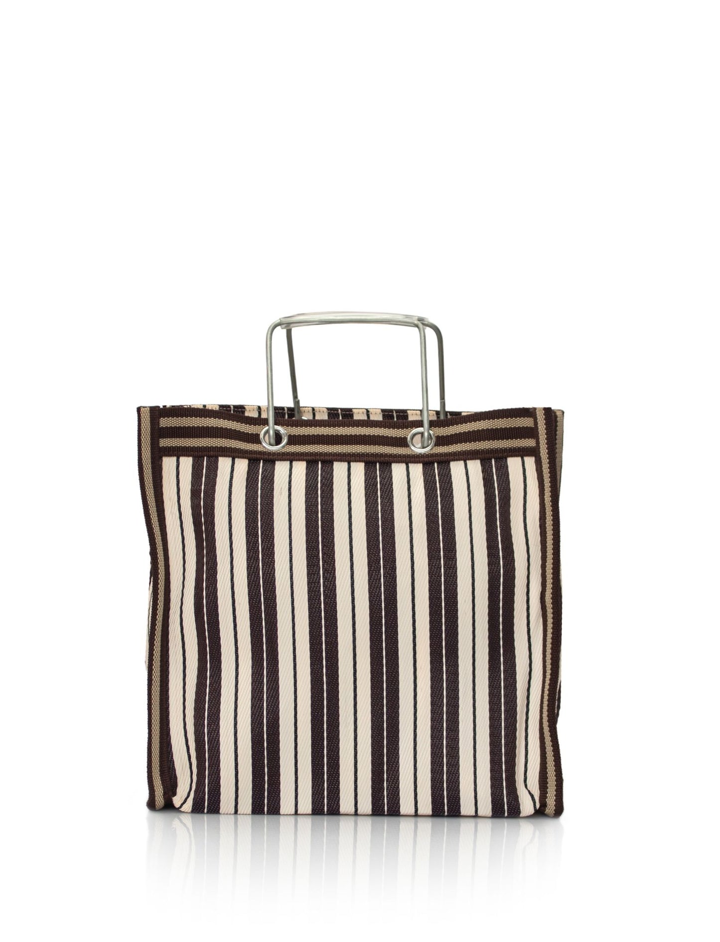 Striped tote bag with a metal handle on a white background