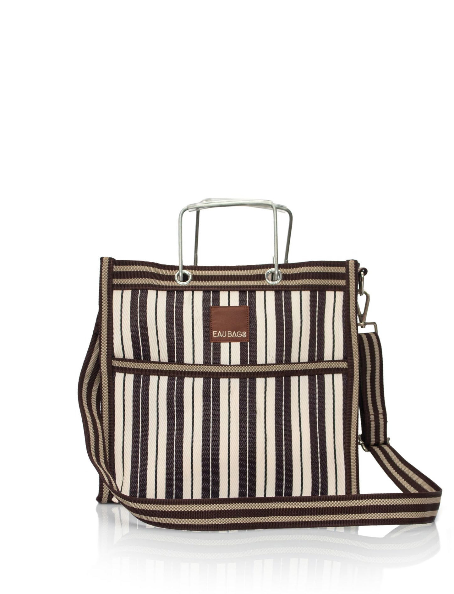 Striped tote bag with a visible brand label on a white background