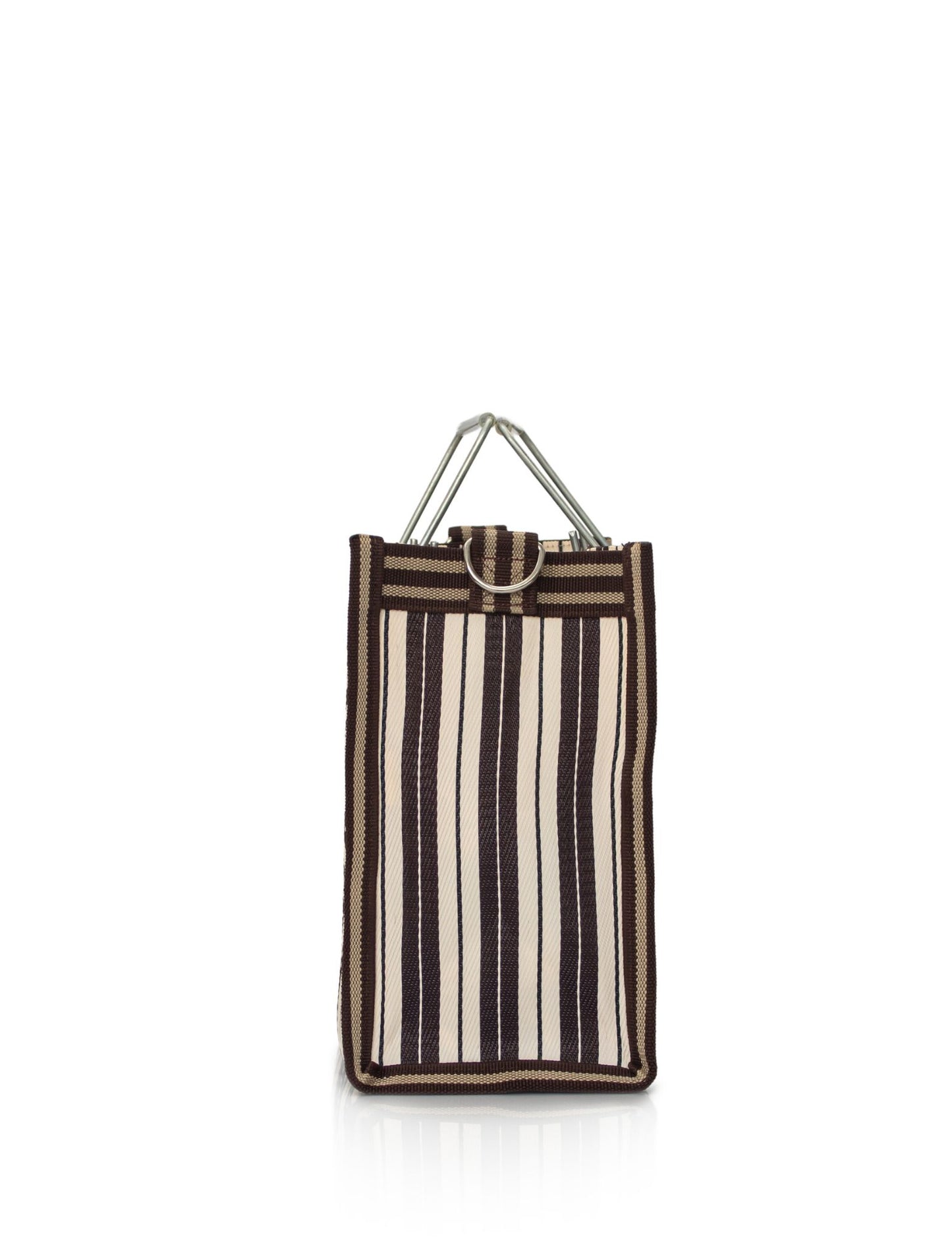 A vertical striped tote bag with dark brown, black, and cream vertical stripes, featuring a silver metal top handle and a silver D-ring closure, set against a plain white background.