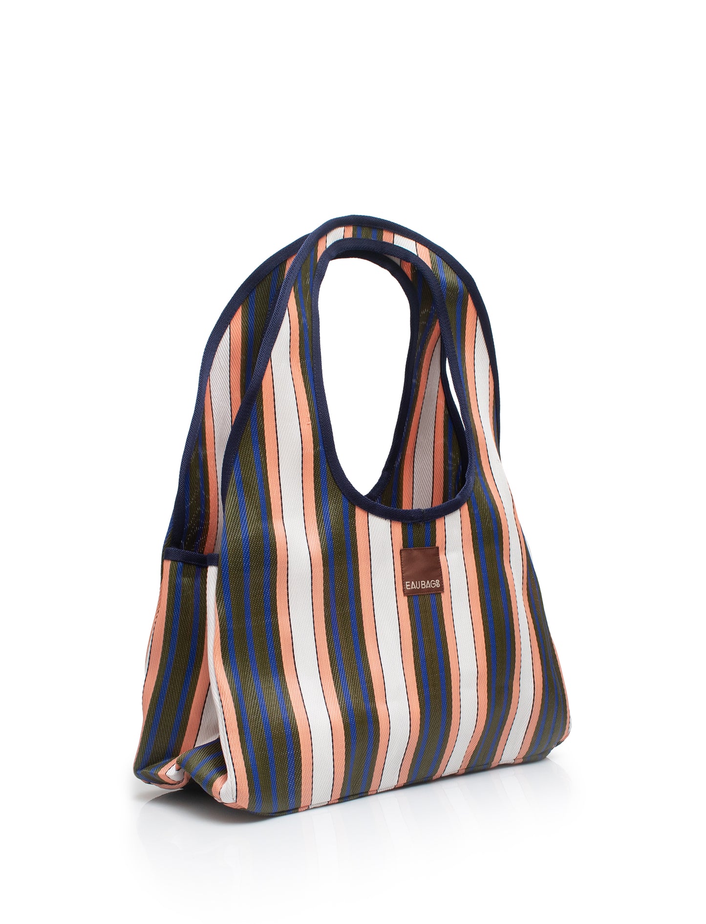 Striped handbag with a visible brand logo on a white background