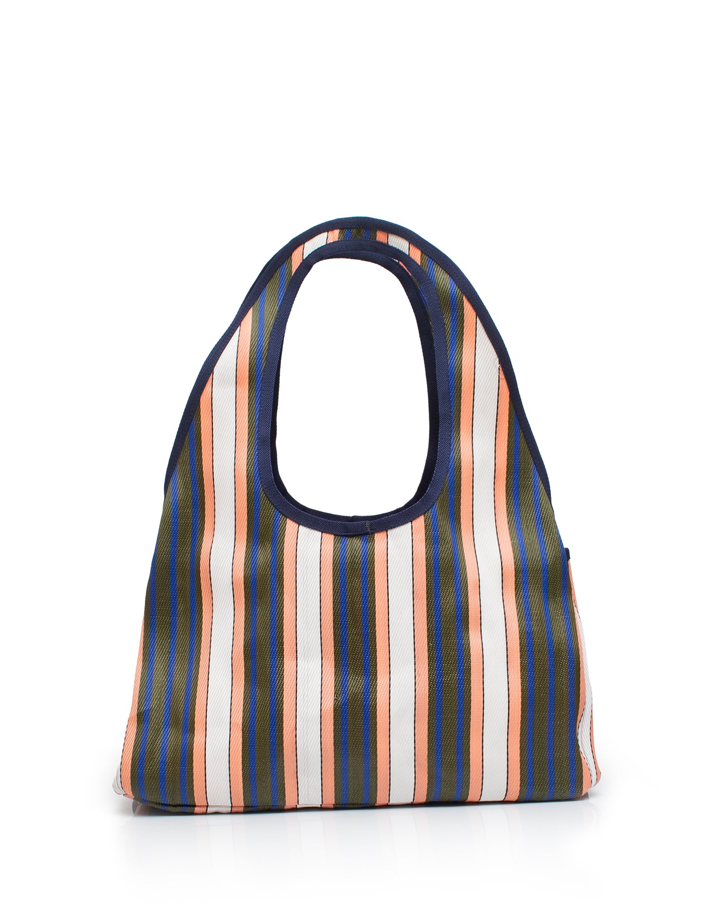 Striped bag with a navy handle on a white background