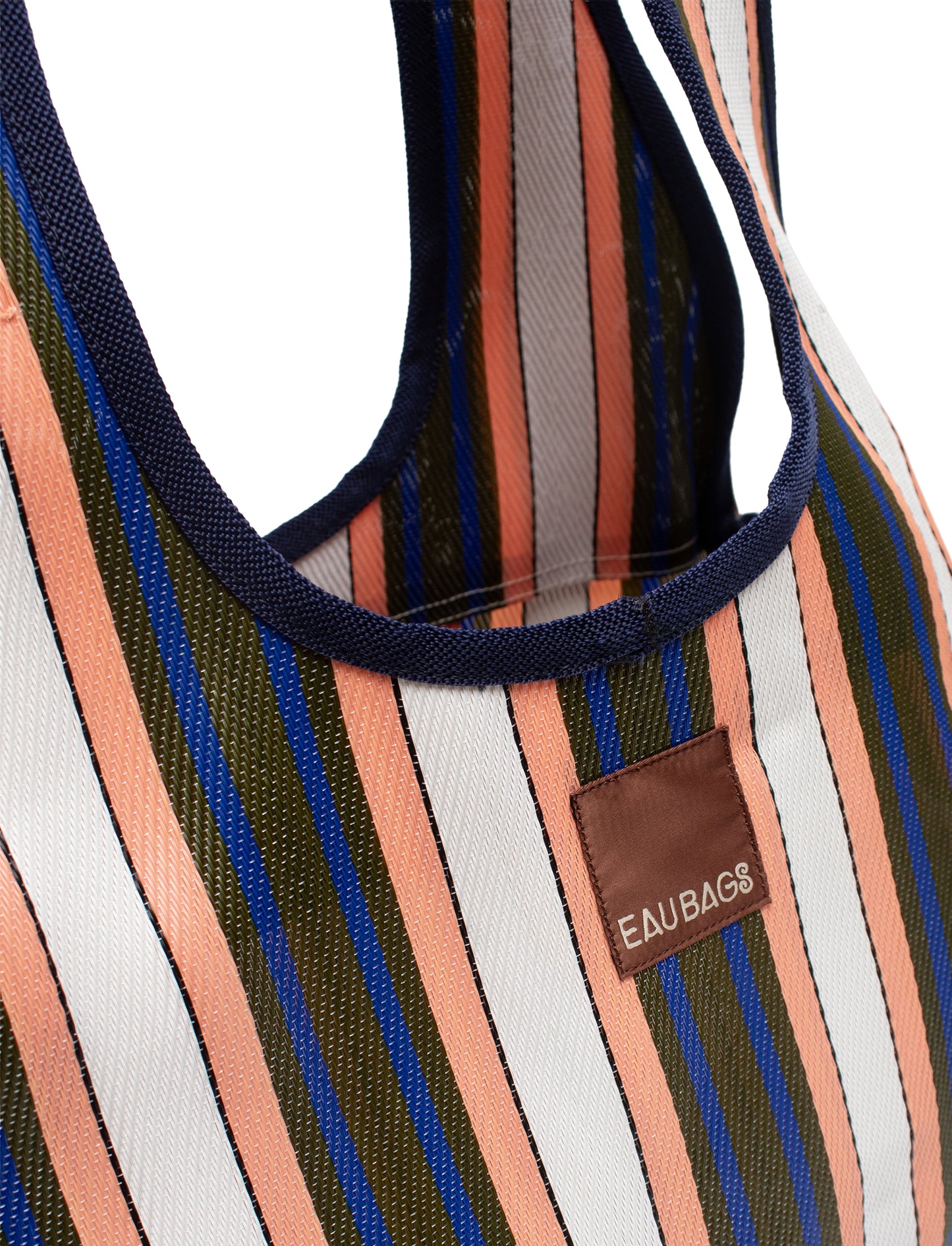 Striped bag with a visible brand label on a white background