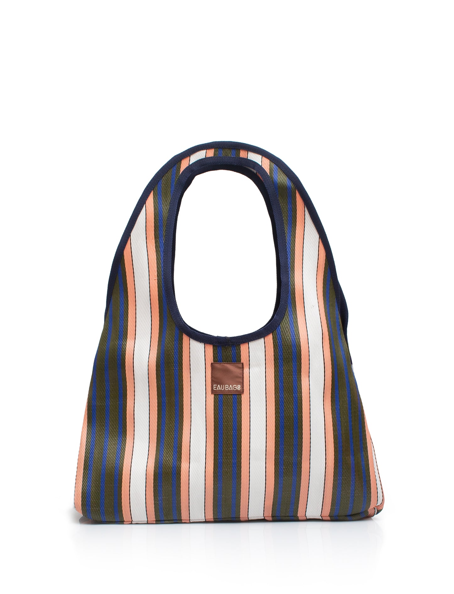 Striped handbag with a visible brand logo on a white background