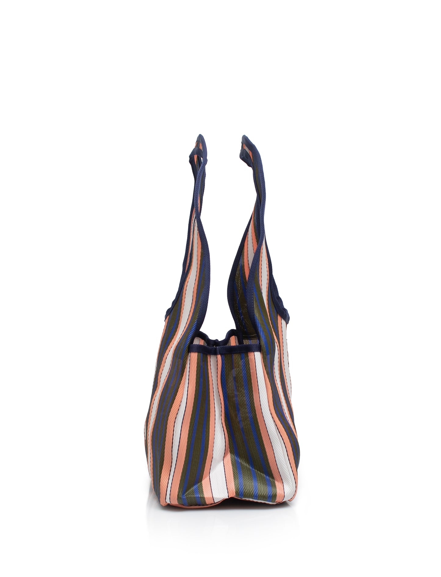 Striped handbag with a drawstring on a white background