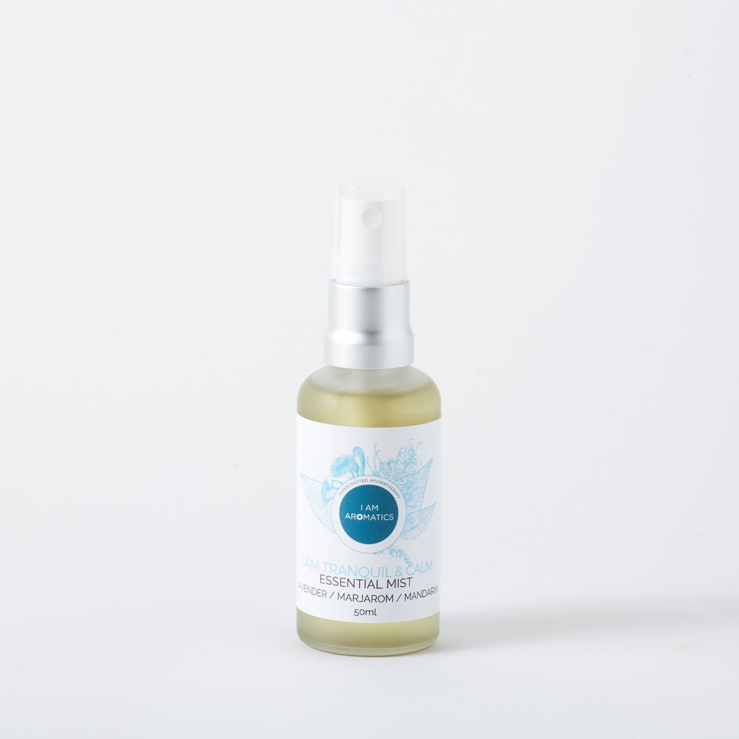 tranquil and calm mist in 50ml frosted glass bottle with matt silver atomiser, white label with blue botanical logo