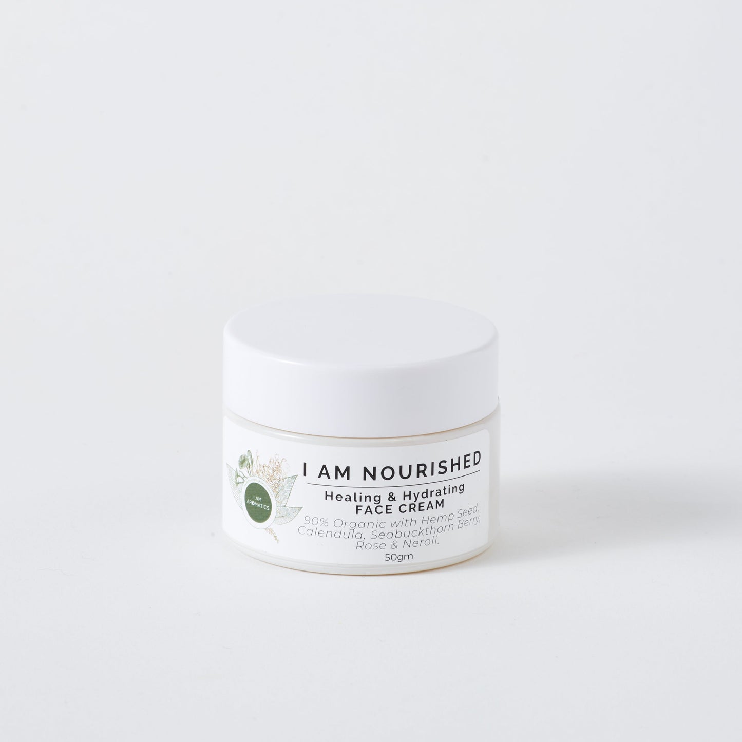 i am nourished face cream, 50gm white jar with white lid, white lable and botanical logo
