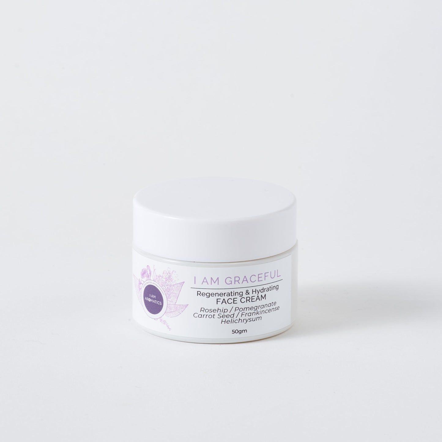 I Am Graceful face cream 50gm, white jar with white lid, botanical logo, purple font
