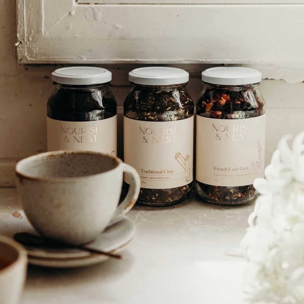 Nourish and Nest tea and candle - goods of ritual. Shop tea and candles in store at Thirroul and Co gift shop.