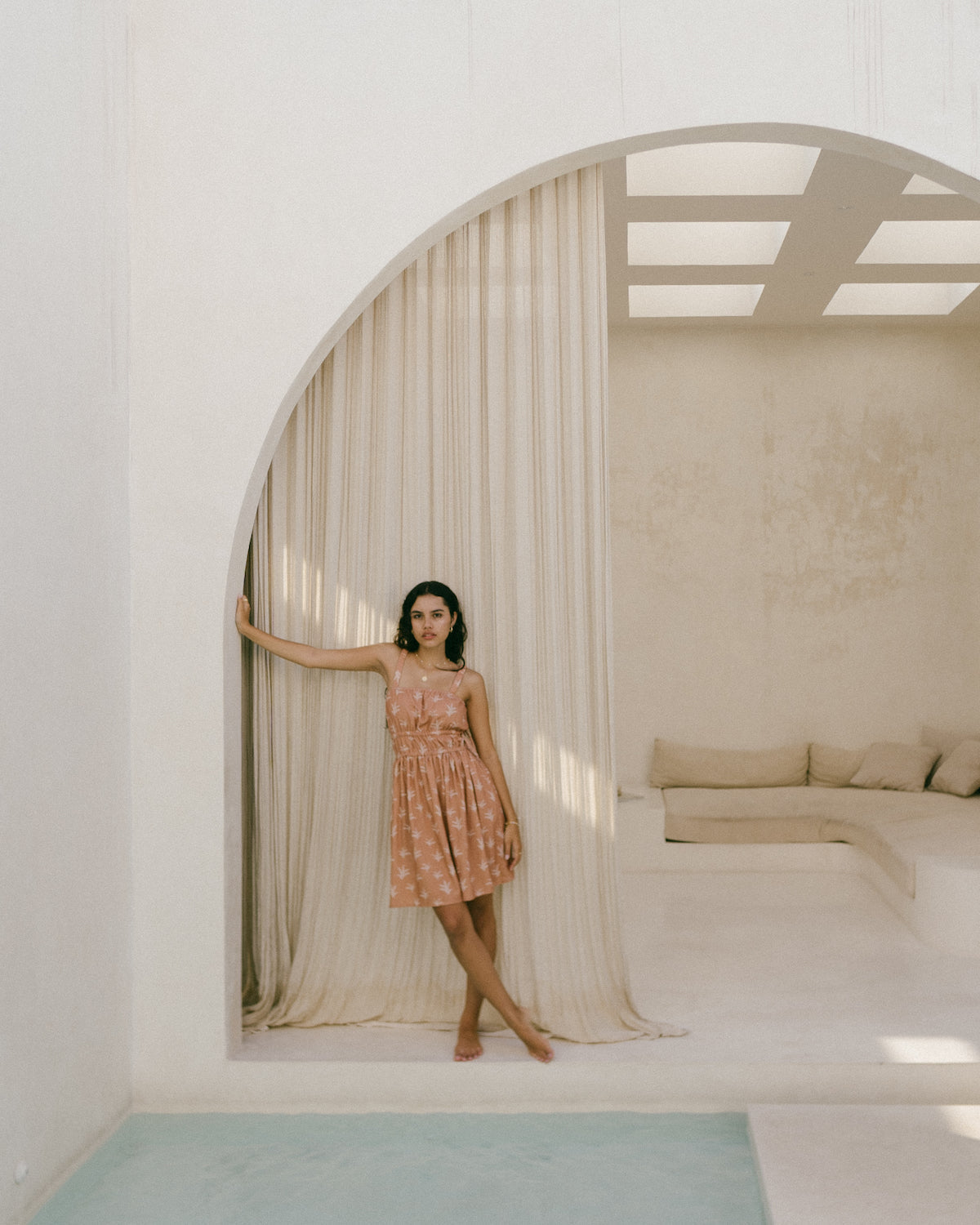 Slow fashion brand - Australian designers - Malia the label - linen cotton dress with peach palm print and ruching.