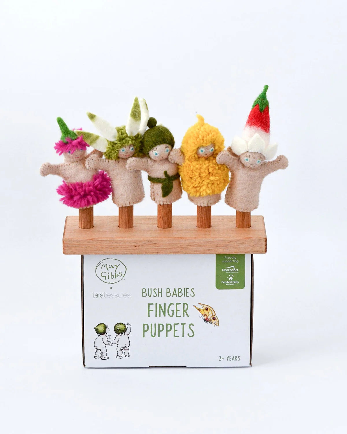 Set of colorful finger puppets on a wooden stand with packaging labeled 'Bush Babies Finger Puppets'.