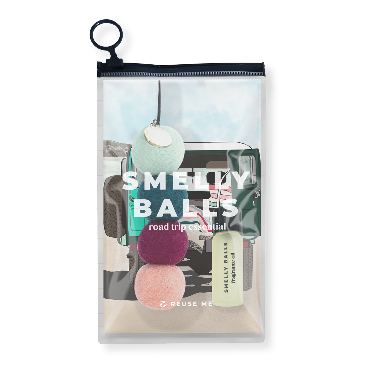 Packaged product with colorful balls labeled 'Smelly Balls' on a white background