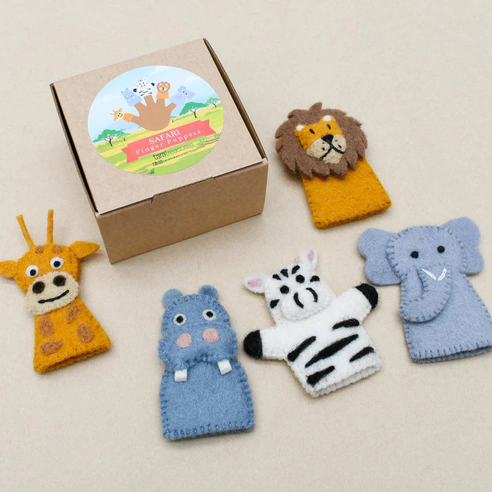 Set of felt animal finger puppets with a cardboard box labeled 'Safari Finger Puppets' on a beige background.
