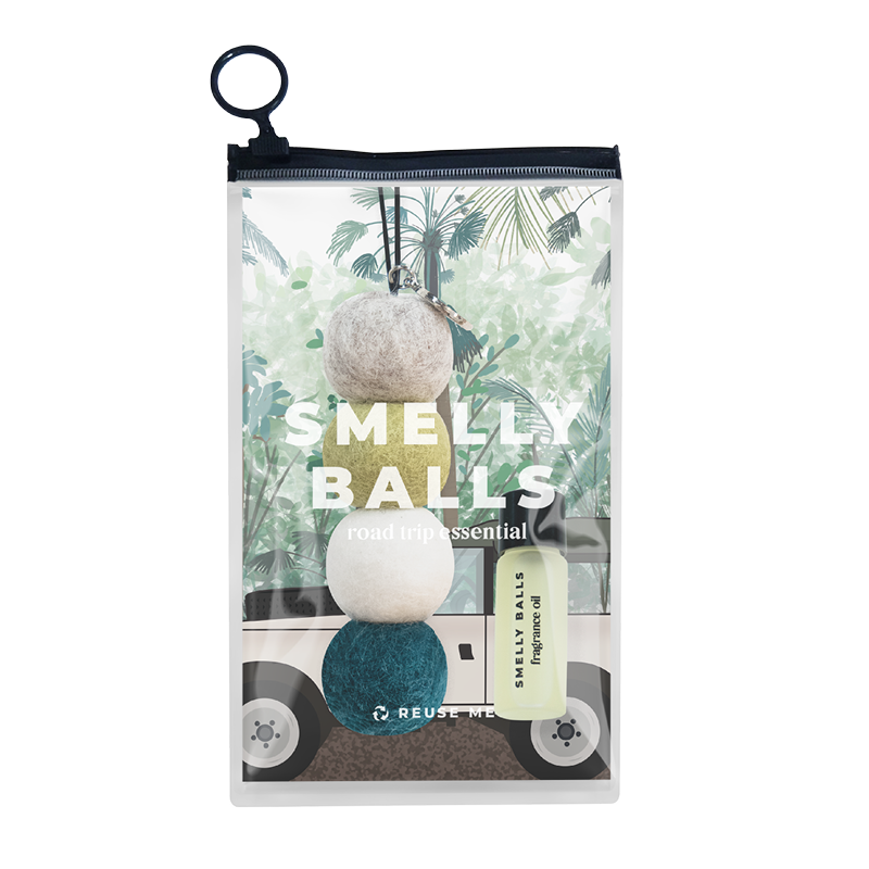 Packaged 'Smelly Balls' with colorful balls and a palm leaf design on the packaging.